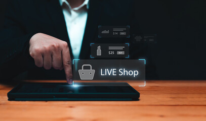 Live broadcast business online ecommerce store selling products live on social platforms or an ecommerce store. With graphics icon businessman using tablet background.