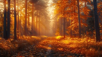 A forest scene where the leaves of the trees are illuminated by the golden hour light, turning every leaf into a shimmering spectacle of gold and topaz, creating a warm.