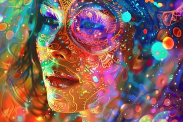 euphoric festival goddess radiant revelry prismatic aura digital painting