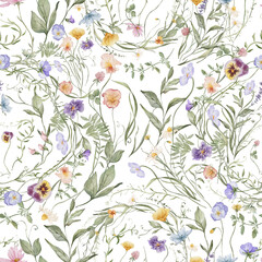 Obraz premium Watercolor seamless pattern with wildflowers