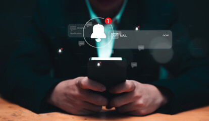 Notification business connectivity concept for digital communication with captivating email and marketing notifications. Businessman using mobile phone. Explore the future of internet technology.