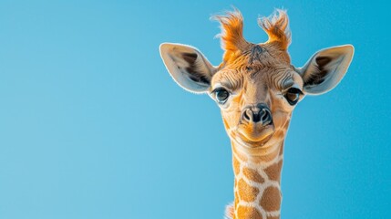   A tight shot of a giraffe's face against a backdrop of a clear, blue sky