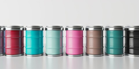 A row of colorful stainless steel cans.