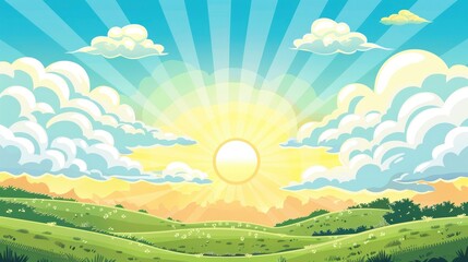 Fototapeta premium Sunshine And Clouds Against The Sky During Morning, Casting A Warm And Comforting Glow Over The Landscape, Evoking Feelings Of Peace And Serenity, Cartoon Background