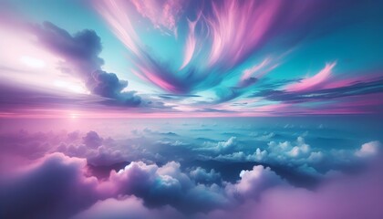 Unearthly Dreamy scenic fantasy style view of sunset clouds in the concept of relaxation and dreams. Shining sunset neo from clouds of soft and bright colors and shades of pink, purple,turquoise