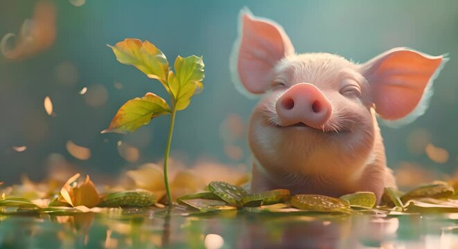 Smiling piggy, gold coins like a river, a bold plant emerging, set against a calm blue