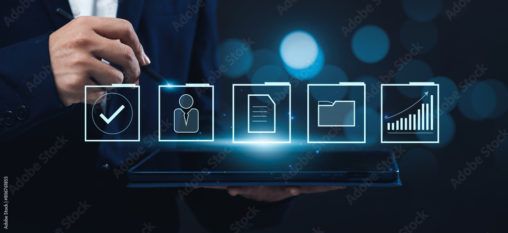 Poster businessman using tablet managing folder data and document management system dms, information comput