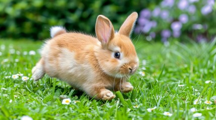   A tiny rabbit atop a verdant field of green grass, beside white daisy blooms
