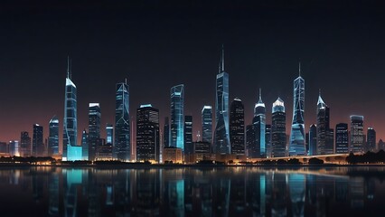 Obraz premium Urban Dusk: Reflective Waterfront and Skyscrapers at Twilight
