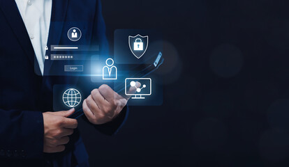 Digital Internet Security and Verification of Business Person Using Tablet to Verify System Access Security Lock Online Account and Personal Information Data Safety with Graphical Display.