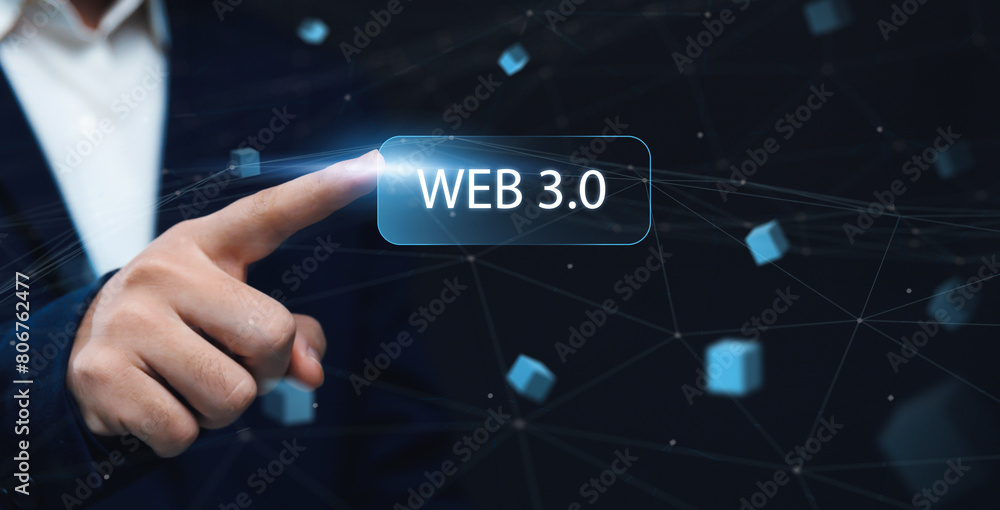 Poster virtual reality in web 3.0: business person engaging with future blockchain business technology