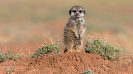 Fototapeta premium A meerkat atop a mound of dirt and grass Background blurred