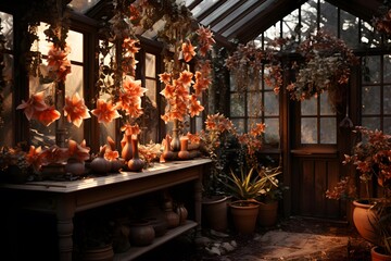 Beautiful garden with flowers and plants in pots in the greenhouse.