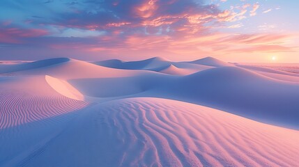 A panoramic landscape of expansive sand dunes, bathed in the soft light of dawn, with the sand taking on a luminous peach hue that stretches far into the horizon.