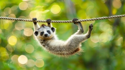 Fototapeta premium A small animal dangles from a rope against a backdrop of verdant, leafy scenery The soft focus trees behind blur softly