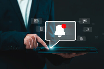 Notification business connectivity concept for digital communication with captivating email and marketing notifications. Businessman using digital tablet. Explore the future of internet technology.