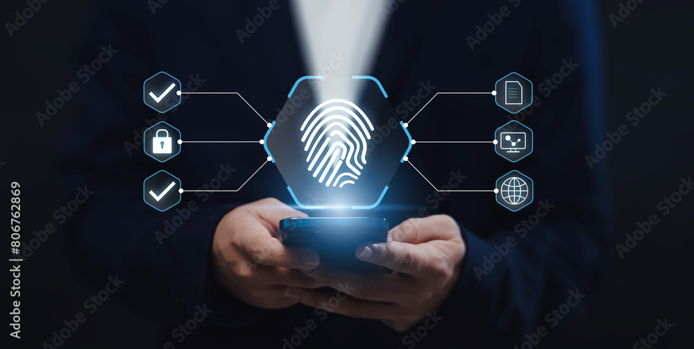 Poster digital internet security and verification of business person using smartphone fingerprint to verify
