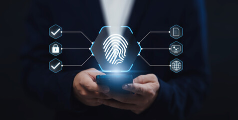 Digital Internet Security and Verification of Business Person Using Smartphone Fingerprint to Verify Identity for Access Online Account and Personal Information Data Safety with Graphical Display.