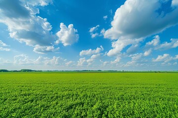 aerial view of lush green soybean agricultural field under blue sky vibrant farm landscape - Powered by Adobe