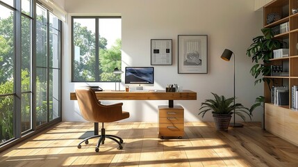 sustainable minimalist home office with recycled furniture featuring a wood desk, brown chair, and black lamp the space is accented with a green plant and a brown and wood drawer, while