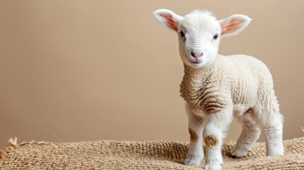 Fototapeta premium A baby lamb atop burlap mound, near brown wall in room