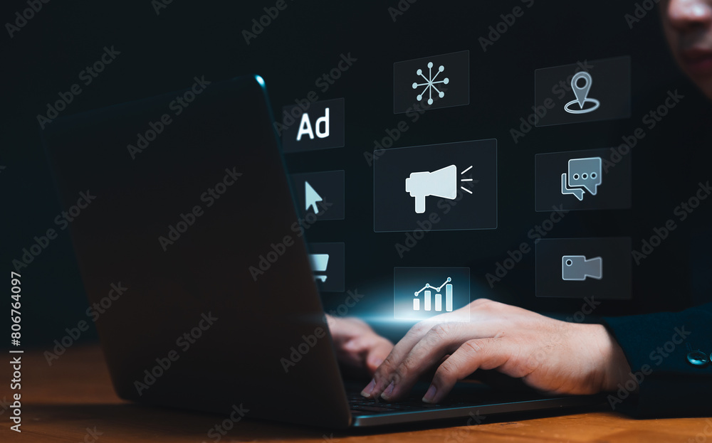 Poster digital marketing concept with businessman using computer laptop creating online adverts to increase