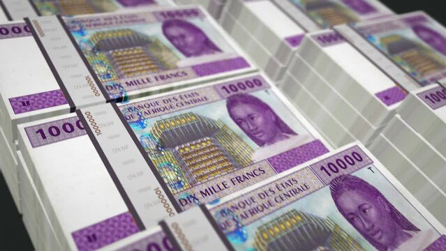 Central African CFA Franc money Cameroon Chad Congo Gabon pack loop 3d animation. Loopable seamless concept of finance, economy, business and bank. Camera over 10000 XAF banknote bundle stacks.