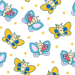 Adorable kawaii baby butterflies. Seamless pattern. Cute cartoon insects with wings. Hand drawn style. Vector drawing. Design ornaments.