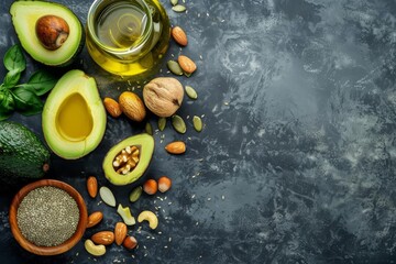 assortment of healthy fats avocado nuts seeds olive oil with copy space digital illustration