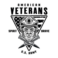 American veterans vector emblem with soldier head and two crossed bullets in monochrome black style isolated on white background