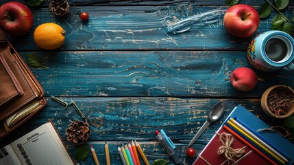 top view of the teacher's desk on which there are books, pens, glasses, a piece of paper, pencils,chalk ruler, pencil case, teacher's day background