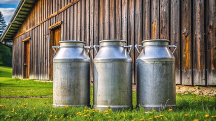 Gleaming milk cans standing proudly by a home dairy farm. The image encapsulates the charm of countryside living and the freshness of farm produce.