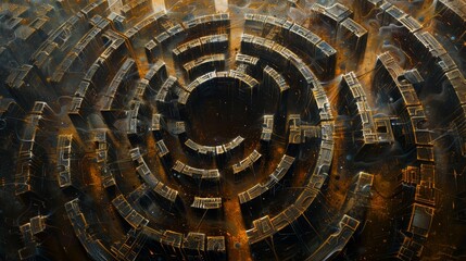 Illustrate a photorealistic oil painting capturing a mesmerizing aerial view of a digital maze, where each step is shielded by intricate locks symbolizing cybersecurity protection