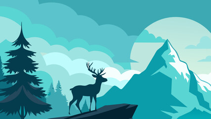 Mountain landscape with forest and deer. Flat style vector illustration.