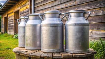 Naklejka premium Gleaming milk cans standing proudly by a home dairy farm. The image encapsulates the charm of countryside living and the freshness of farm produce.