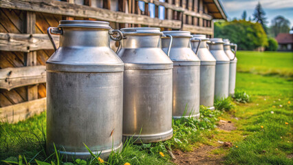 Gleaming milk cans standing proudly by a home dairy farm. The image encapsulates the charm of countryside living and the freshness of farm produce.