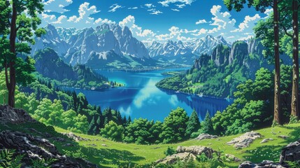 Great Summer Panorama Of Obersee Lake Surrounded By Lush Greenery, Inviting Relaxation And Exploration, Cartoon Background