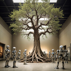 Several robots look at the last tree on Earth on display in the museum.