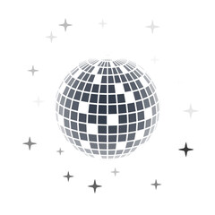 Disco ball vector in 3d style isolated on white background. Vector 3d disco ball background with stars and glitter. Music dance illustration.