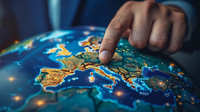 Businessman pointing at map of europe on globe.