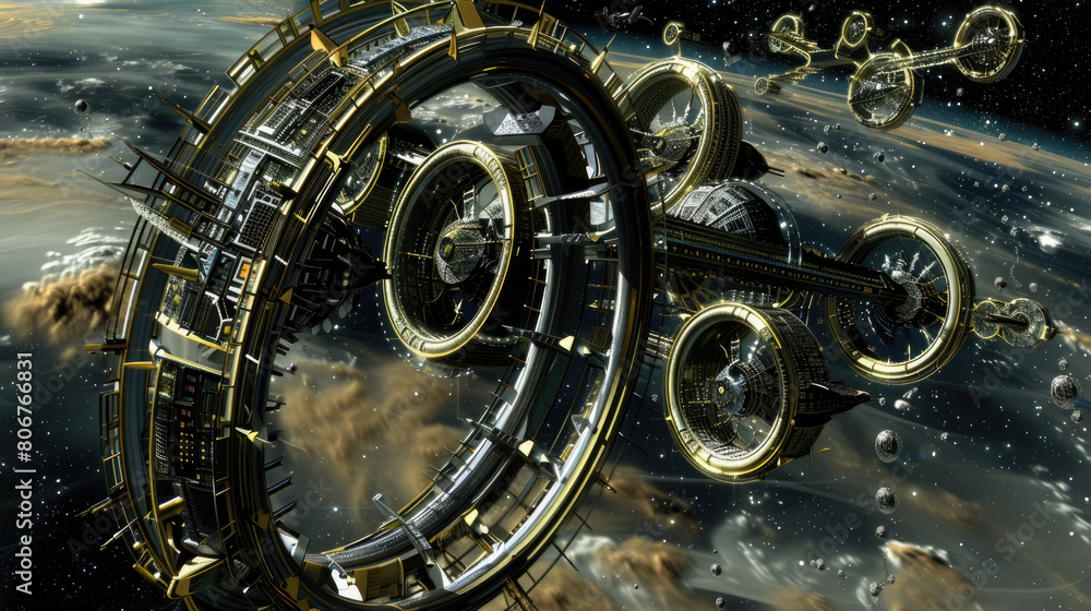 Poster a detailed computer-generated image of a futuristic space station orbiting a planet, showcasing vari