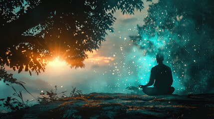 Fototapeta premium A person is seated on a rock in the middle of a dense forest, surrounded by towering trees and lush greenery