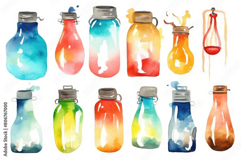 Poster different colored glass bottles arranged in a group on a table or shelf