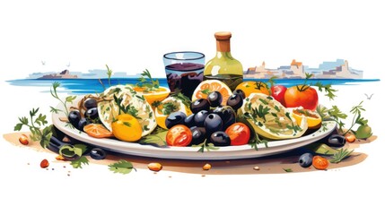 Mediterranean flavor cartoon illustration - Generative AI. Island, house, sea, tomato, grape.