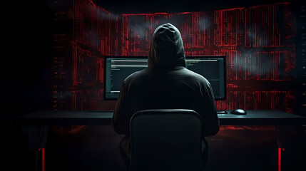 on dark room with red lights neon Back view of an anonymous person in a hoodie sitting in front of a computer working in hacking sites , scamming people , hacker style matrix ,cybersecurity hack 