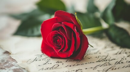   A solitary red rose atop a blank sheet, nearby is a pen and note paper inscribed with text