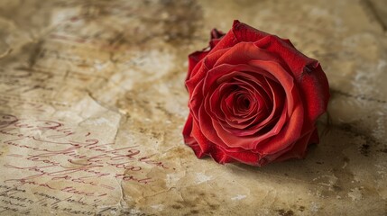   A red rose in focus against a blank sheet of paper Inscription at the bottom