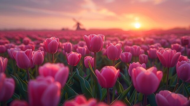 Pink tulip field during a beautiful sunset.
