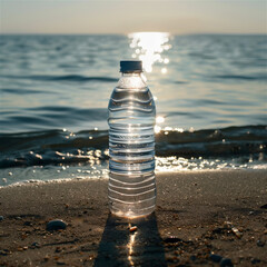 A bottle of water stands on the seashore