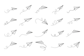Hand drawn doodle paper plane set. isolated planes flight path. Line airplane icon travel, route. 